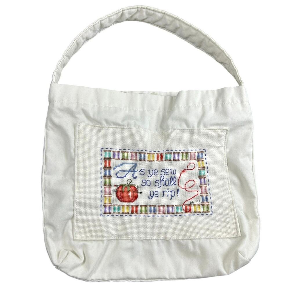 90s Sewing Quote Tote Purse- thread- sewing mini tote- 10x9" white cottagecore